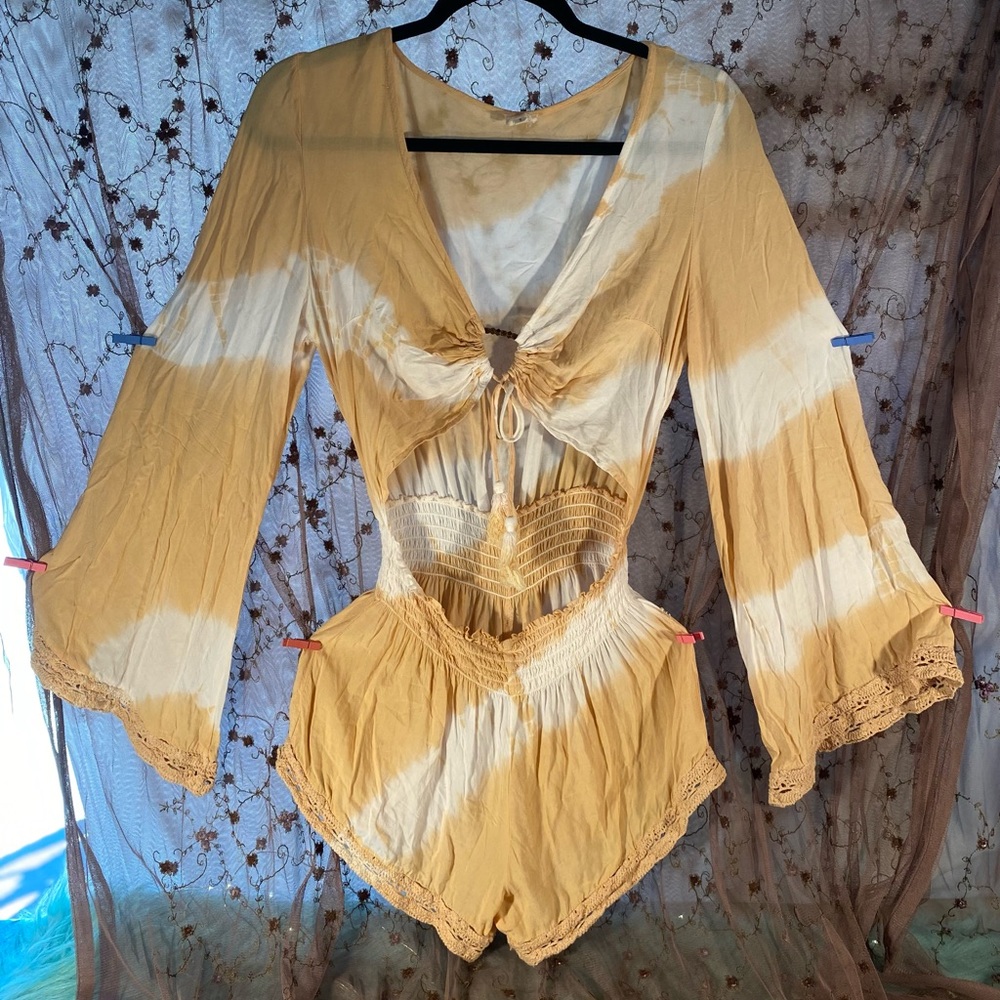 White and Nude Open Stomach Romper